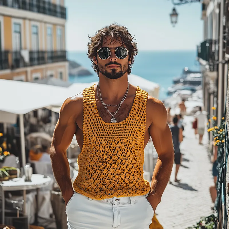 Men's Fashion Casual Hollow Knitted Three-Dimensional Pattern U-Neck Tank Top MTA2577F4K sold by Manly product image thumbnail 3