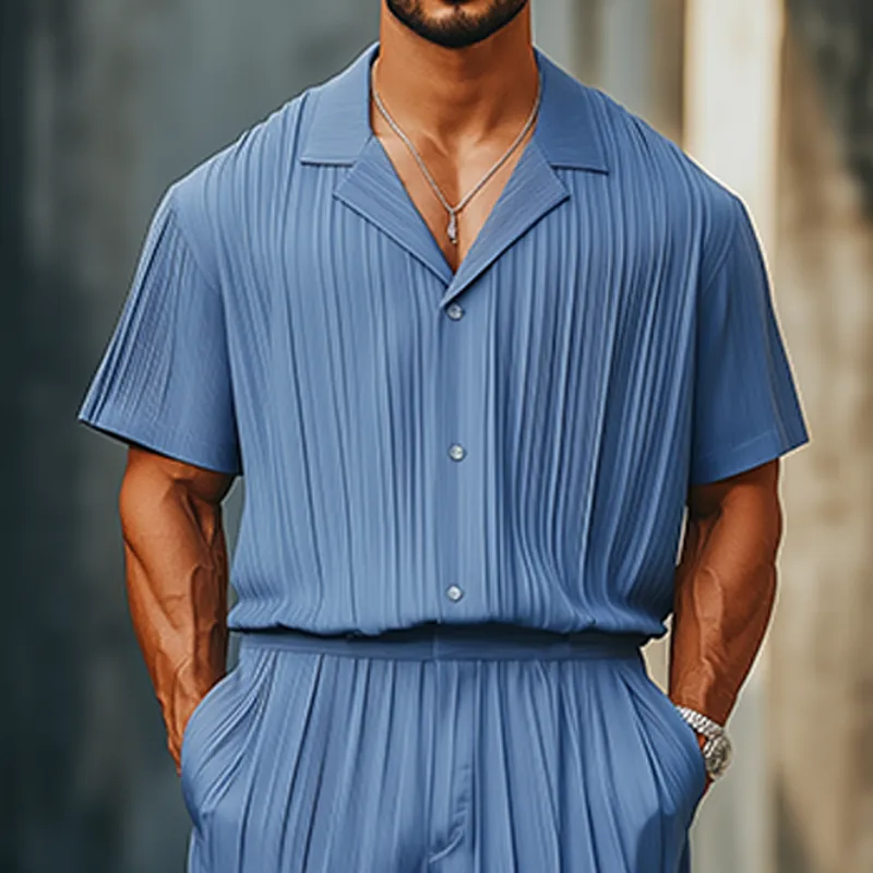 Men's Spring And Summer Fashion Casual Cool Pleated Fabric Short-sleeved Shirt Length To Knee Shorts Set MTA2513F3K sold by Manly product image thumbnail 4