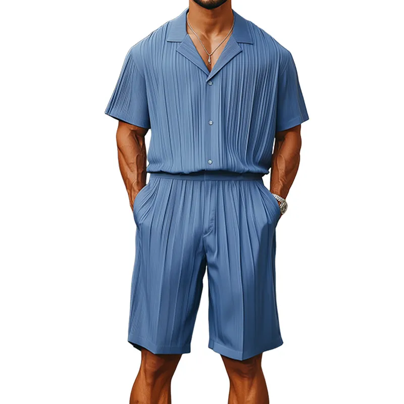 Men's Spring And Summer Fashion Casual Cool Pleated Fabric Short-sleeved Shirt Length To Knee Shorts Set MTA2513F3K sold by Manly