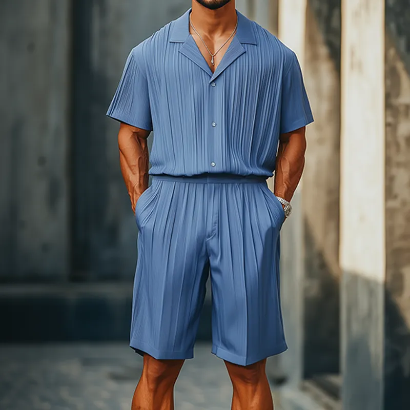Men's Spring And Summer Fashion Casual Cool Pleated Fabric Short-sleeved Shirt Length To Knee Shorts Set MTA2513F3K sold by Manly product image thumbnail 2