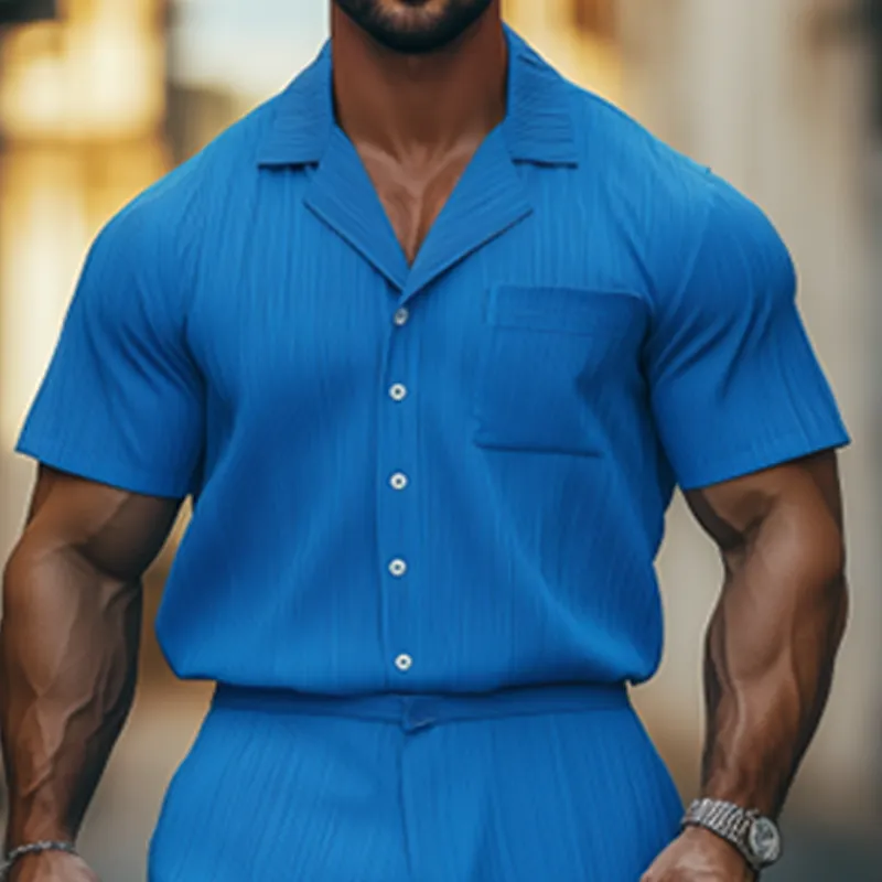 Men's Spring And Summer Fashion Casual Cool Pleated Fabric Short-sleeved Shirt Shorts Set MTA2594F5K sold by Manly product image thumbnail 5