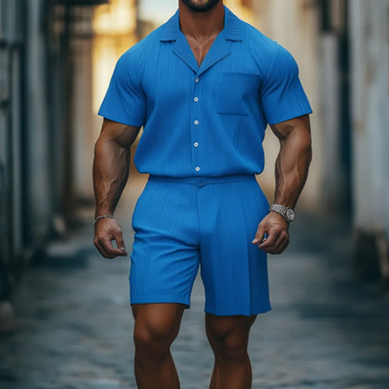 Men's Spring And Summer Fashion Casual Cool Pleated Fabric Short-sleeved Shirt Shorts Set MTA2594F5K sold by Manly product image thumbnail 2