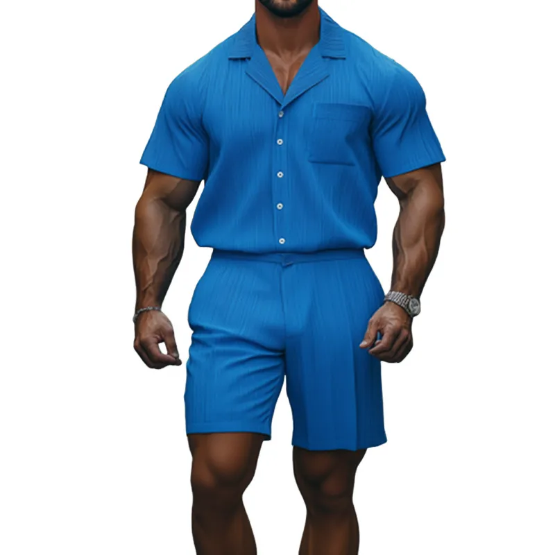 Men's Spring And Summer Fashion Casual Cool Pleated Fabric Short-sleeved Shirt Shorts Set MTA2594F5K sold by Manly