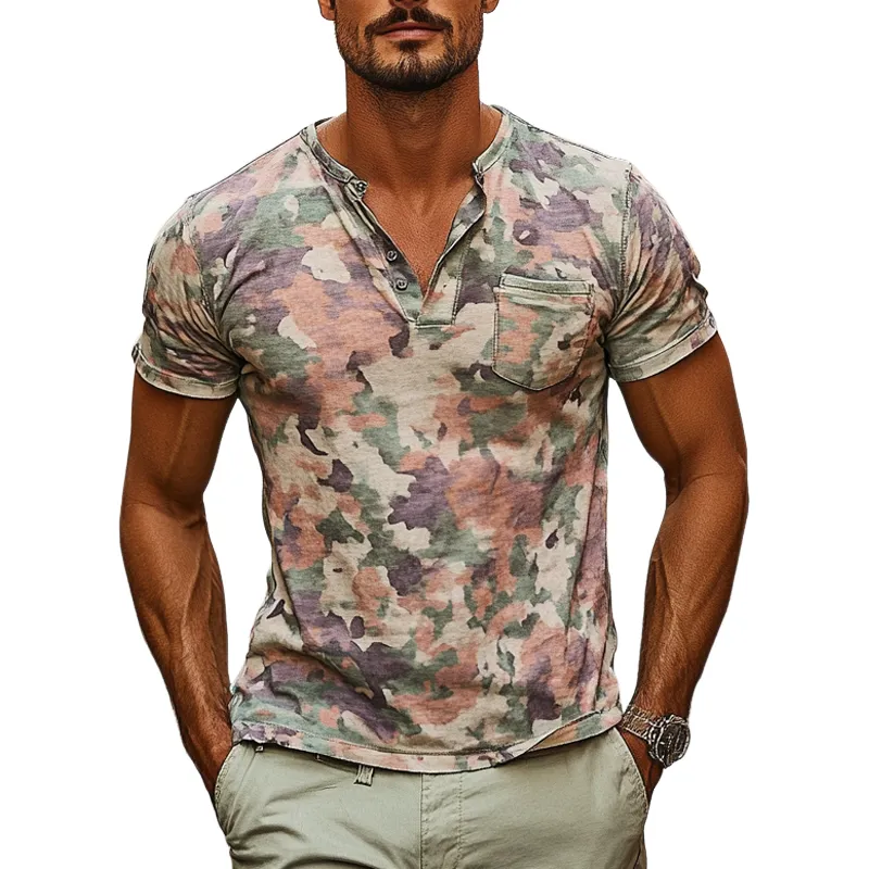 Men's Casual Camouflage Print Henley Neck Short Sleeve T-Shirt MTA2480F7X sold by Manly