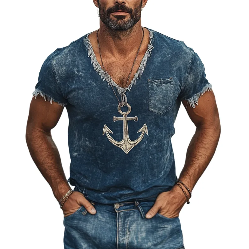 Men's Nautical Anchor Print Washed Vintage Denim T-Shirt MTA2554F0X sold by Manly
