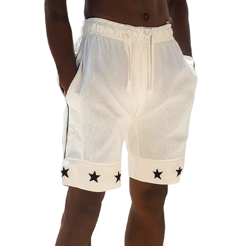 Men's Spring And Summer Fashion Casual Breathable Mesh Fabric Splicing Cotton Blend Hem Print Elastic Waist Shorts MTA2577F2K sold by Manly