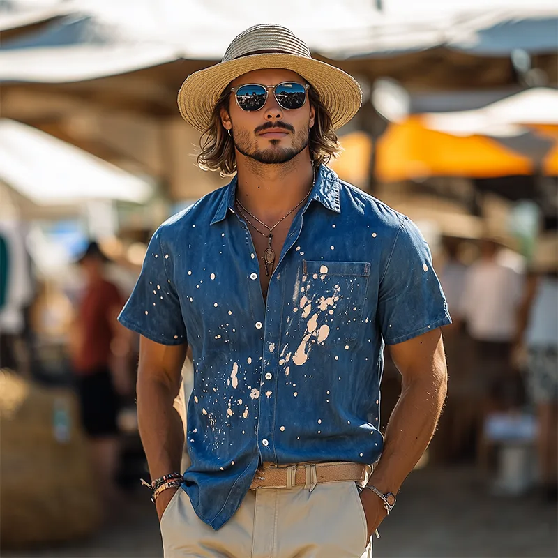 Men's Spring And Summer Fashion Casual Washed Denim Personality Ink-splashed Short-sleeved Shirt MTA2467F9K sold by Manly product image thumbnail 3