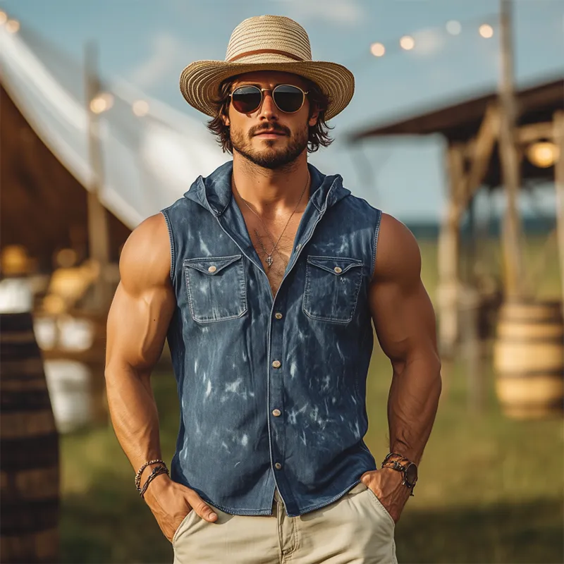 Men's Spring And Summer Fashion Casual Washed Denim Distressed Hooded Sleeveless Shirt MTA2447F9K sold by Manly product image thumbnail 3