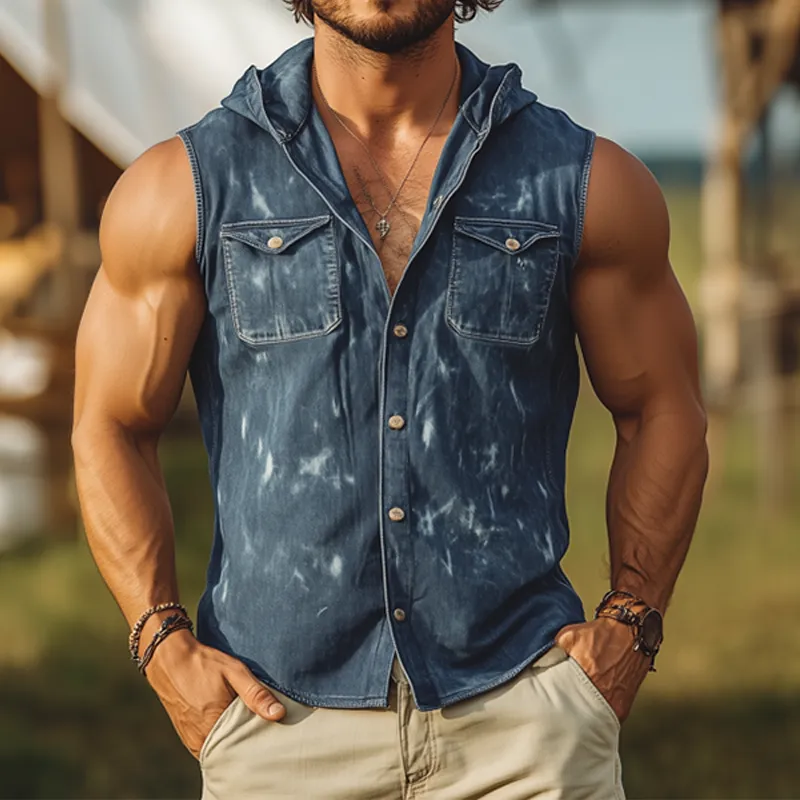 Men's Spring And Summer Fashion Casual Washed Denim Distressed Hooded Sleeveless Shirt MTA2447F9K sold by Manly product image thumbnail 2