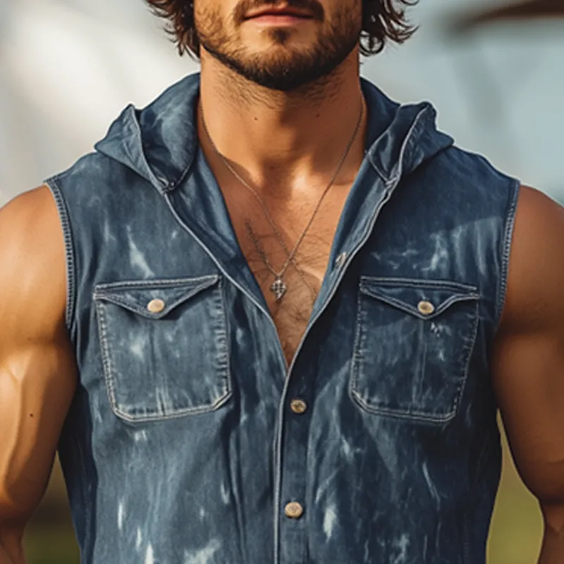 Men's Spring And Summer Fashion Casual Washed Denim Distressed Hooded Sleeveless Shirt MTA2447F9K sold by Manly product image thumbnail 4