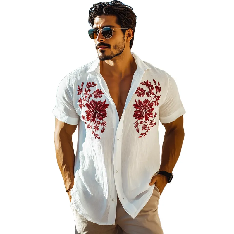 Men's Floral Embroidered Cotton Casual Short Sleeve Shirt MTA2523F6U sold by Manly product image thumbnail 3