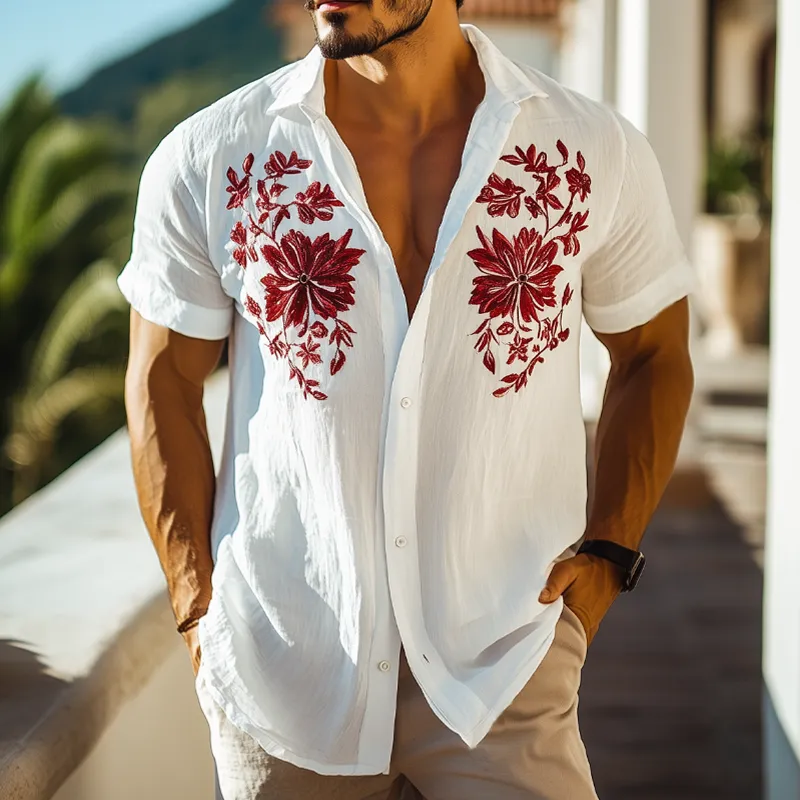 Men's Floral Embroidered Cotton Casual Short Sleeve Shirt MTA2523F6U sold by Manly product image thumbnail 2