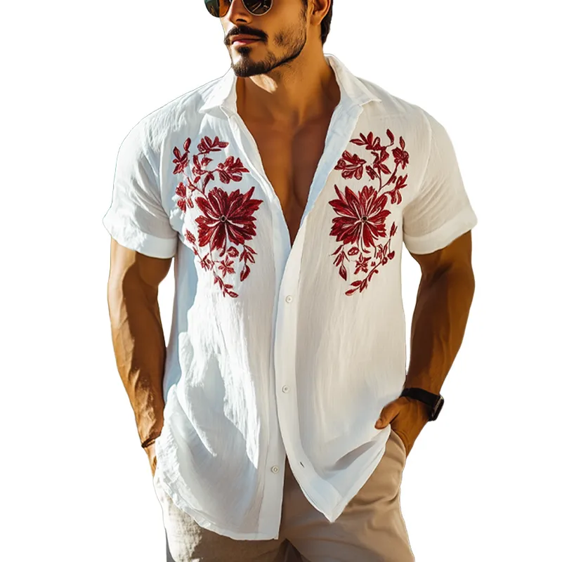 Men's Floral Embroidered Cotton Casual Short Sleeve Shirt MTA2523F6U sold by Manly