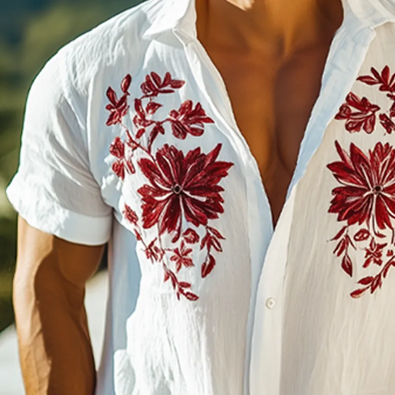 Men's Floral Embroidered Cotton Casual Short Sleeve Shirt MTA2523F6U sold by Manly product image thumbnail 4