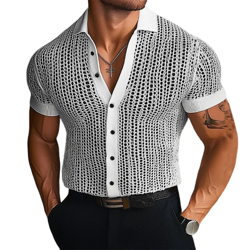 Men's Summer Slim Fit Hole Knit Short Sleeve Shirt MTA2590F3U sold by Manly