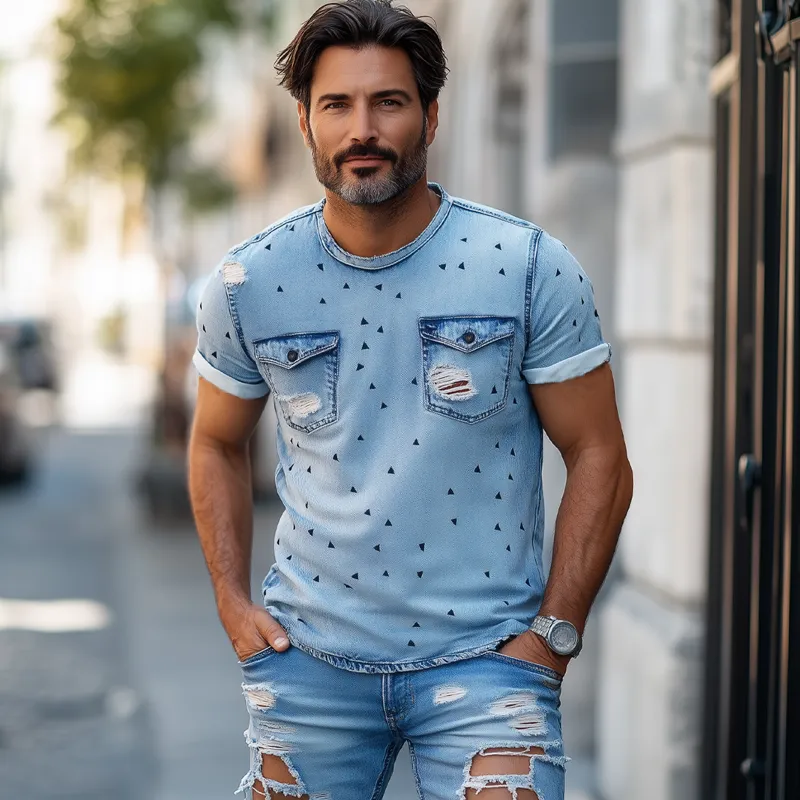 Men's Summer Ripped Denim Crew Neck T-Shirt MTA2477F7U sold by Manly product image thumbnail 3