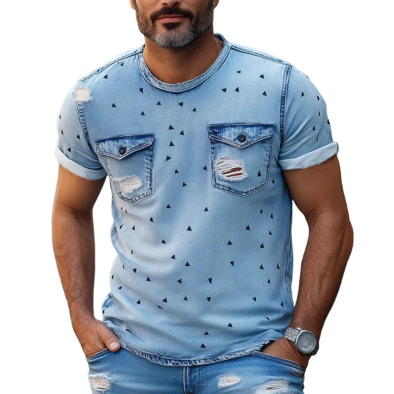 Men's Summer Ripped Denim Crew Neck T-Shirt MTA2477F7U sold by Manly