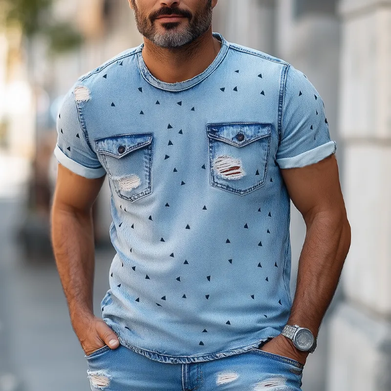 Men's Summer Ripped Denim Crew Neck T-Shirt MTA2477F7U sold by Manly product image thumbnail 2