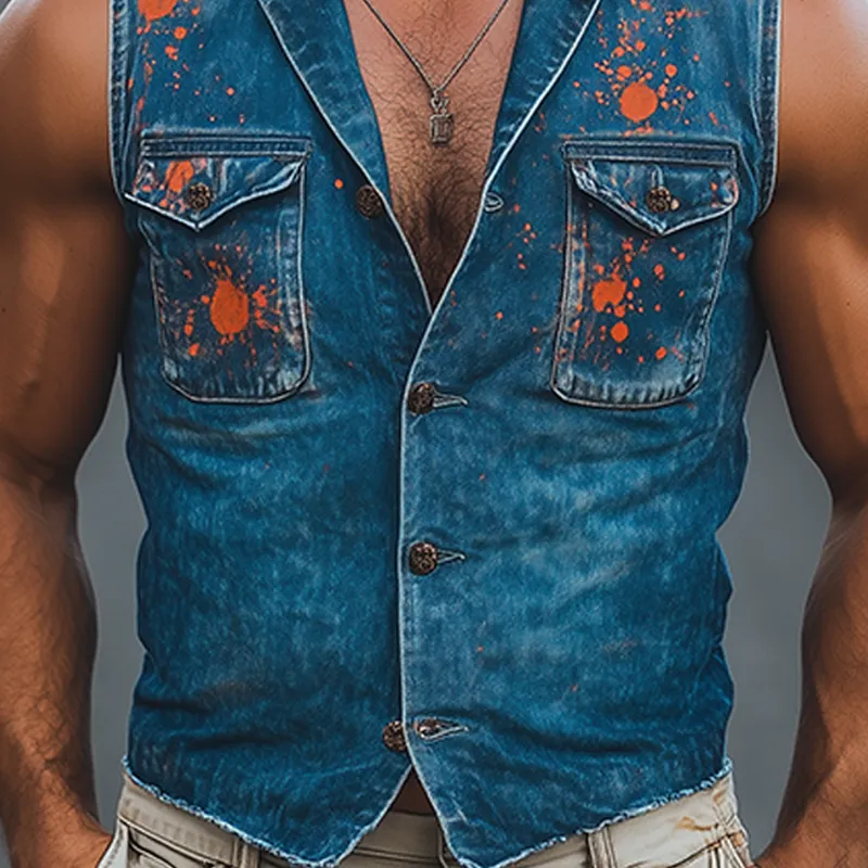 Men's Fashion Casual Washed Denim Personalized Ink Splash V-Neck Slim Vest MTA2426F5K sold by Manly product image thumbnail 5