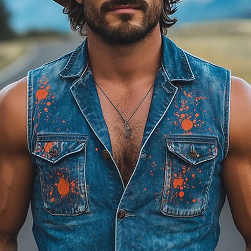 Men's Fashion Casual Washed Denim Personalized Ink Splash V-Neck Slim Vest MTA2426F5K sold by Manly product image thumbnail 4