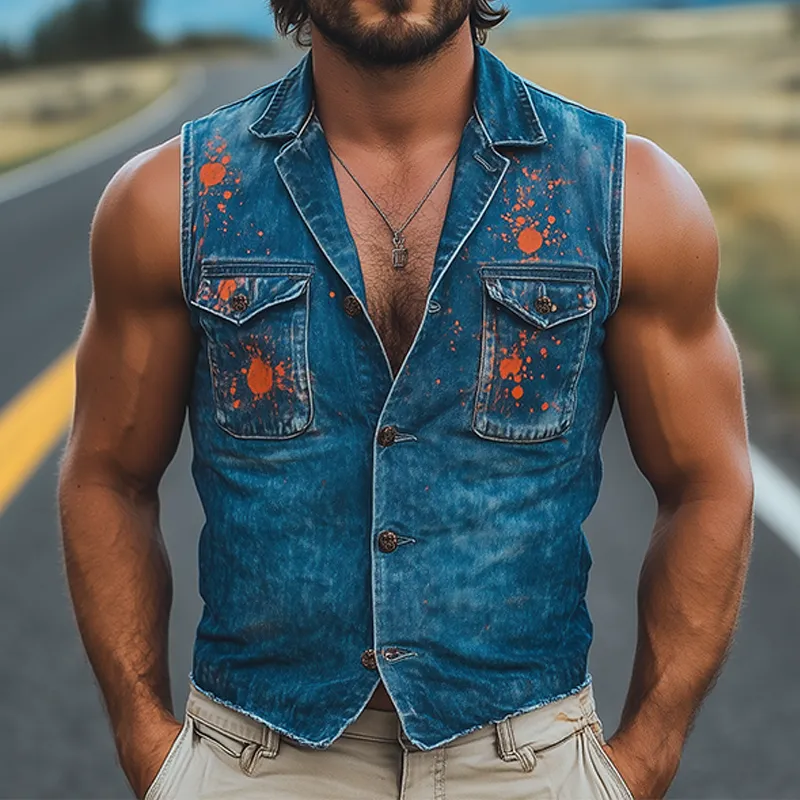 Men's Fashion Casual Washed Denim Personalized Ink Splash V-Neck Slim Vest MTA2426F5K sold by Manly product image thumbnail 2