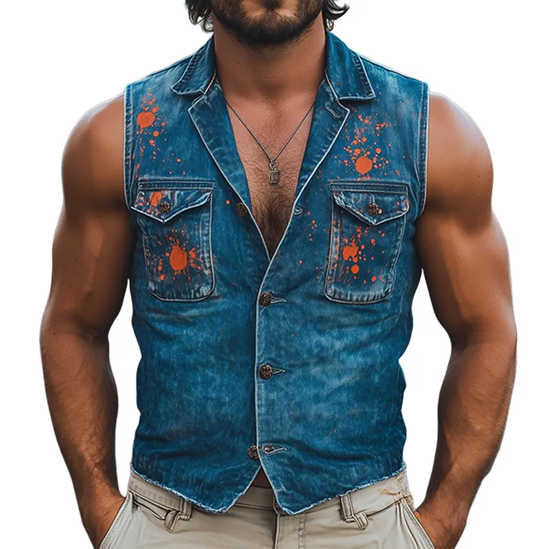 Men's Fashion Casual Washed Denim Personalized Ink Splash V-Neck Slim Vest MTA2426F5K sold by Manly