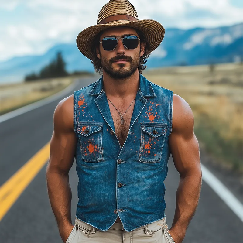 Men's Fashion Casual Washed Denim Personalized Ink Splash V-Neck Slim Vest MTA2426F5K sold by Manly product image thumbnail 3