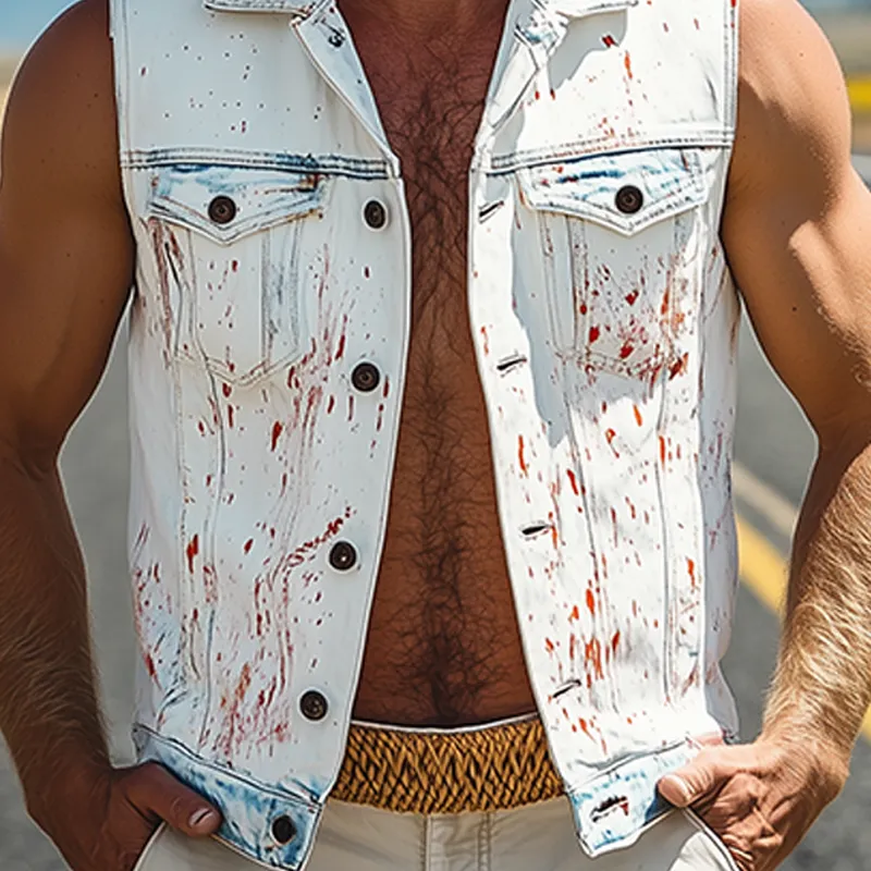 Men's Fashion Casual Washed Denim Personalized Ink Splash V-Neck Lapel Vest MTA2466F6K sold by Manly product image thumbnail 5