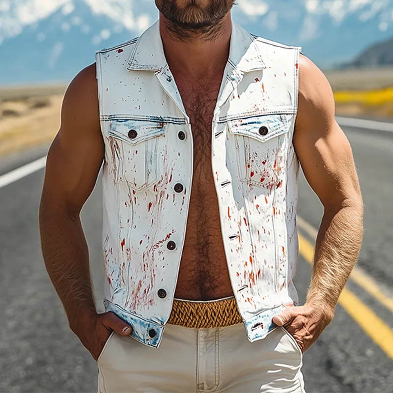 Men's Fashion Casual Washed Denim Personalized Ink Splash V-Neck Lapel Vest MTA2466F6K sold by Manly product image thumbnail 2