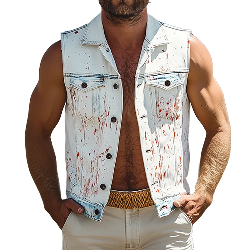 Men's Fashion Casual Washed Denim Personalized Ink Splash V-Neck Lapel Vest MTA2466F6K sold by Manly