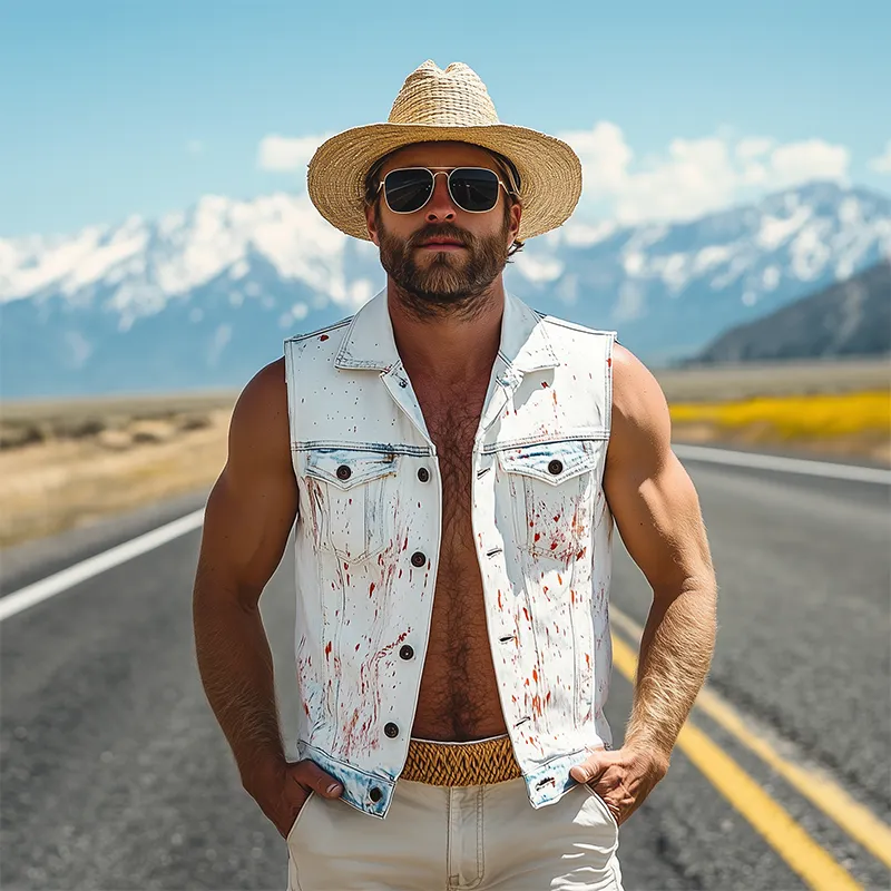 Men's Fashion Casual Washed Denim Personalized Ink Splash V-Neck Lapel Vest MTA2466F6K sold by Manly product image thumbnail 3