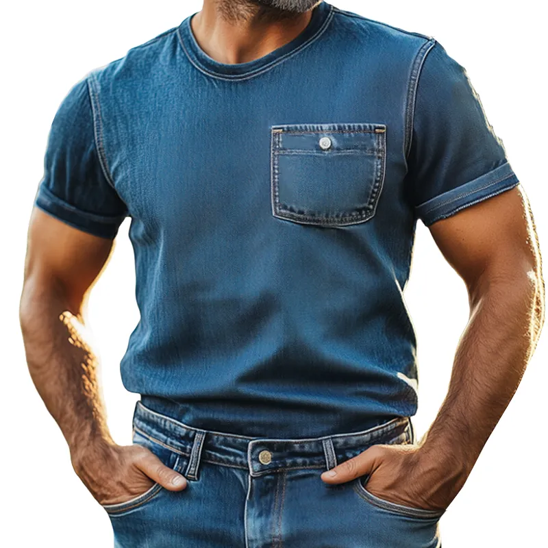 Men's Summer Retro Round Neck Denim Short Sleeve T-Shirt MTA2475F0U sold by Manly