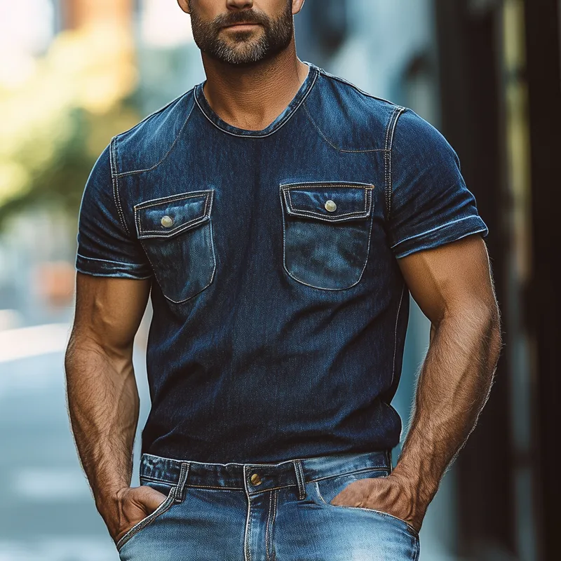 Men's Summer Retro Round Neck Double Pocket Denim Short Sleeve T-Shirt MTA2401F4U sold by Manly product image thumbnail 2