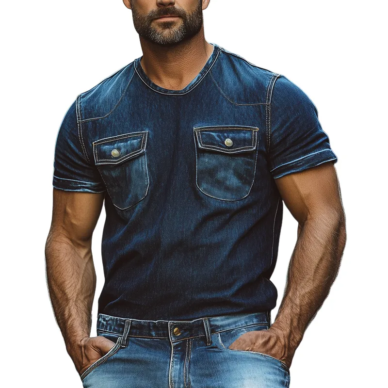 Men's Summer Retro Round Neck Double Pocket Denim Short Sleeve T-Shirt MTA2401F4U sold by Manly
