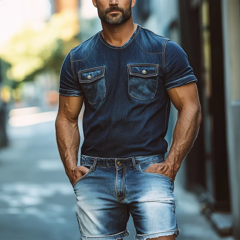 Men's Summer Retro Round Neck Double Pocket Denim Short Sleeve T-Shirt MTA2401F4U sold by Manly product image thumbnail 3
