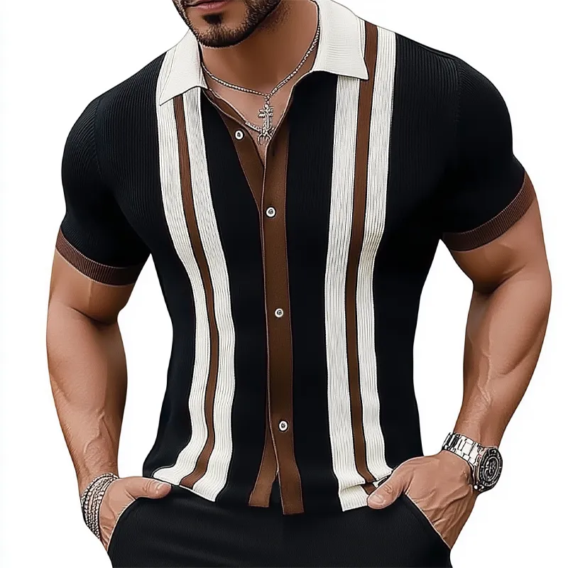 Men's Business Slim Fit Colorblock Knitted Button Short Sleeve Shirt MTA2414F9U sold by Manly