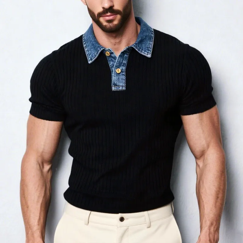Men's Solid Knit Striped Denim Lapel Short Sleeve Casual Polo Shirt MTA2414F1Z sold by Manly product image thumbnail 2