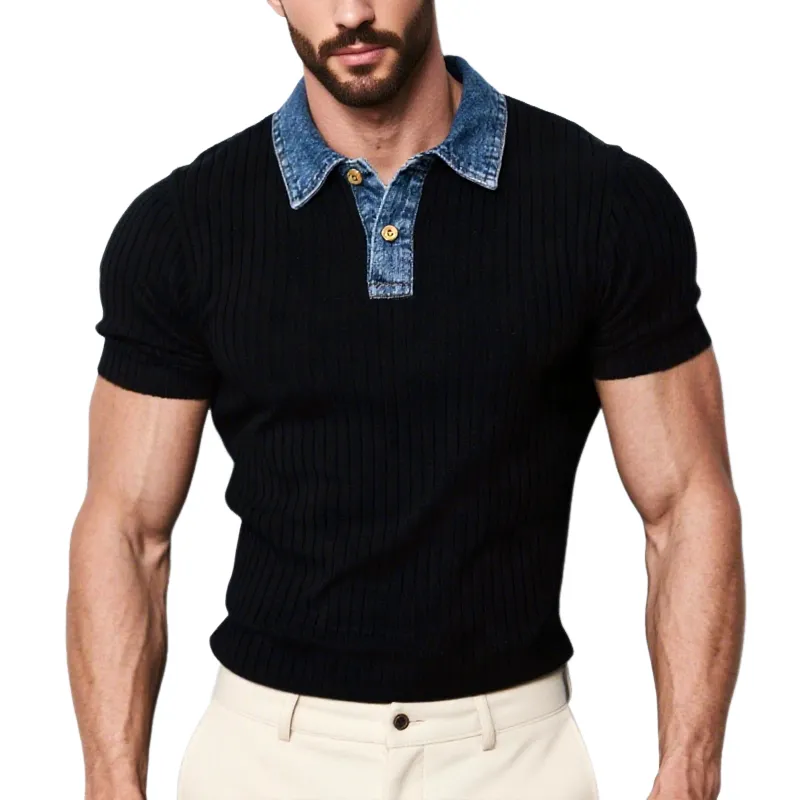 Men's Solid Knit Striped Denim Lapel Short Sleeve Casual Polo Shirt MTA2414F1Z sold by Manly