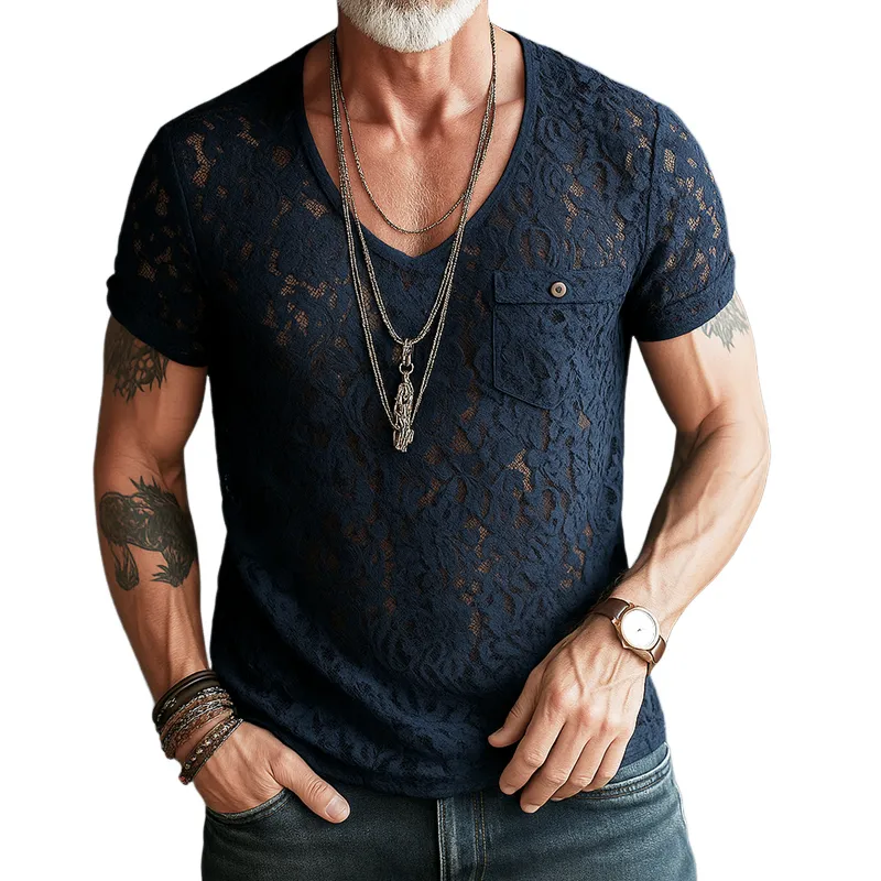 Men's Lace V Neck Chest Pocket Short Sleeve T-shirt MTA2470F9Z sold by Manly
