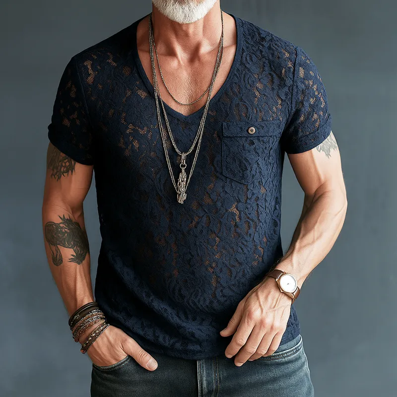 Men's Lace V Neck Chest Pocket Short Sleeve T-shirt MTA2470F9Z sold by Manly product image thumbnail 2