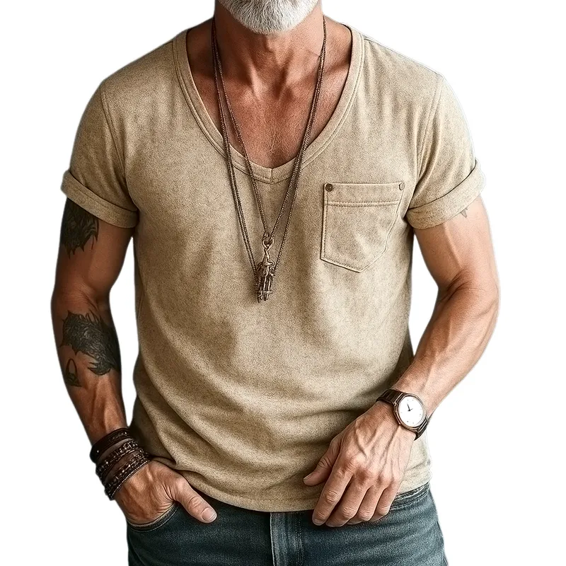 Men's Suede V Neck Chest Pocket Short Sleeve T-shirt MTA2413F9Z sold by Manly