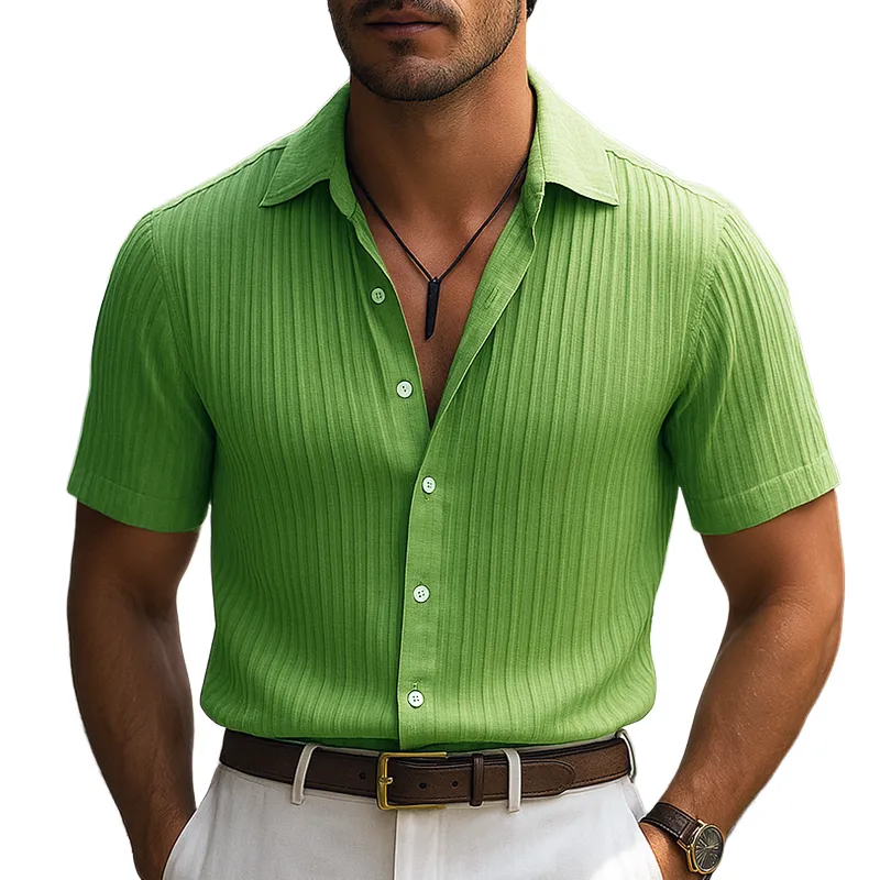 Men's Solid Striped Lapel Short Sleeve Shirt MTA2404F3Z sold by Manly