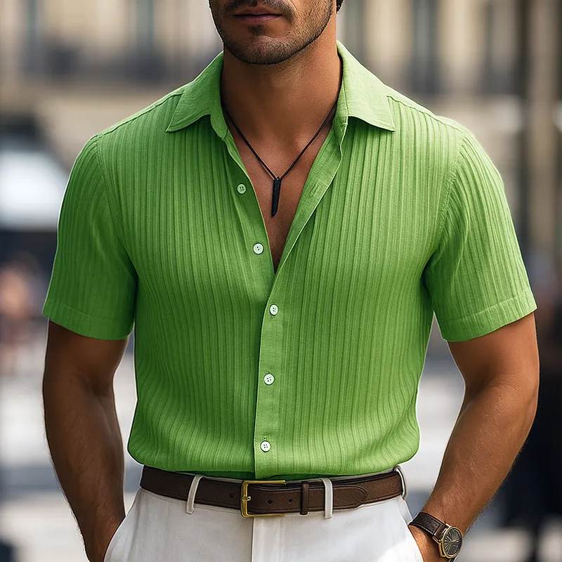 Men's Solid Striped Lapel Short Sleeve Shirt MTA2404F3Z sold by Manly product image thumbnail 2
