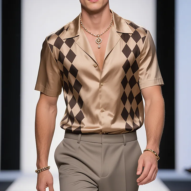 Men's Retro Old Money Style Diamond Print Satin Lapel Short Sleeve Shirt MTA2439F0TO sold by Manly product image thumbnail 2