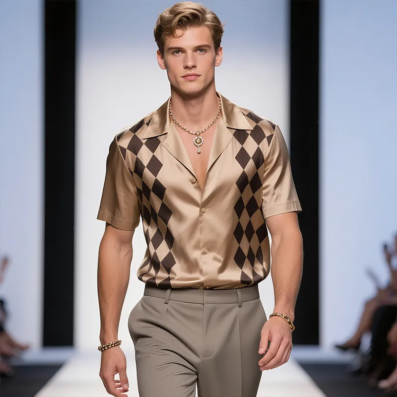 Men's Retro Old Money Style Diamond Print Satin Lapel Short Sleeve Shirt MTA2439F0TO sold by Manly product image thumbnail 3