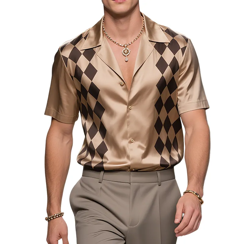 Men's Retro Old Money Style Diamond Print Satin Lapel Short Sleeve Shirt MTA2439F0TO sold by Manly