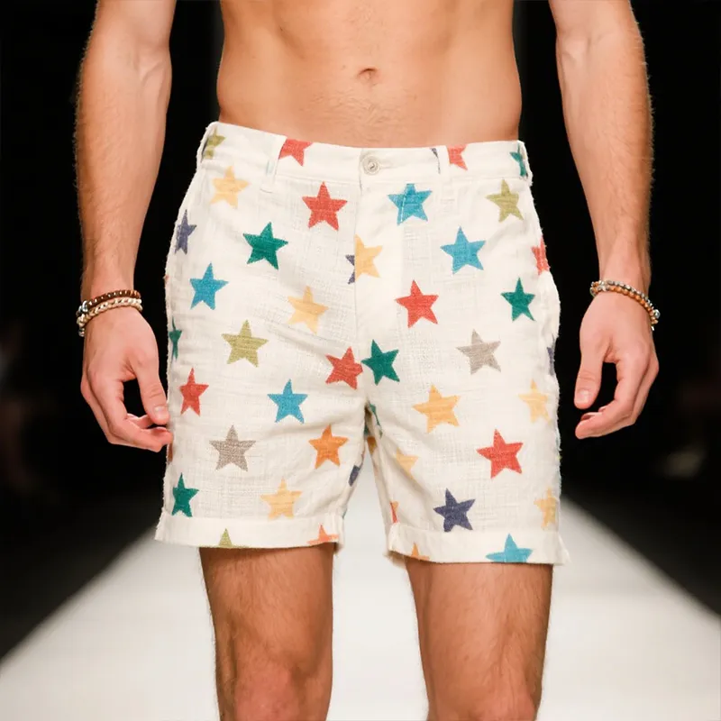 Men's Retro Casual Colored Star Era Linen Shorts MTA2412F2TO sold by Manly product image thumbnail 2