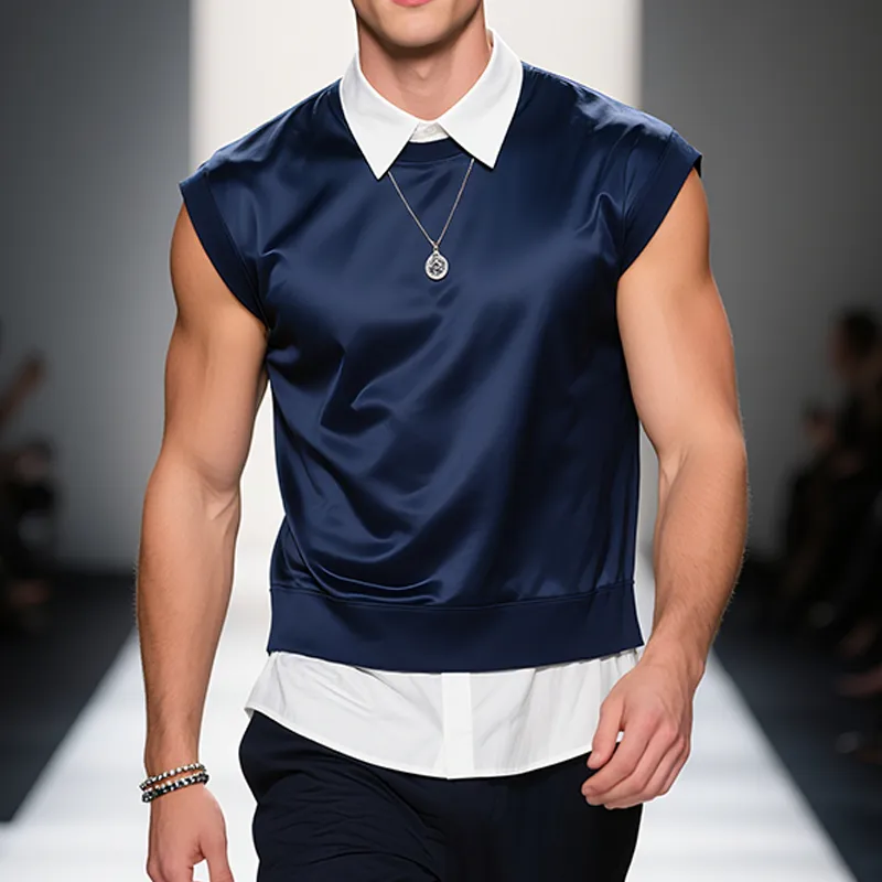 Men's Retro Casual Solid Color Fake Two Piece Sleeveless Shirt MTA2472F9TO sold by Manly product image thumbnail 2