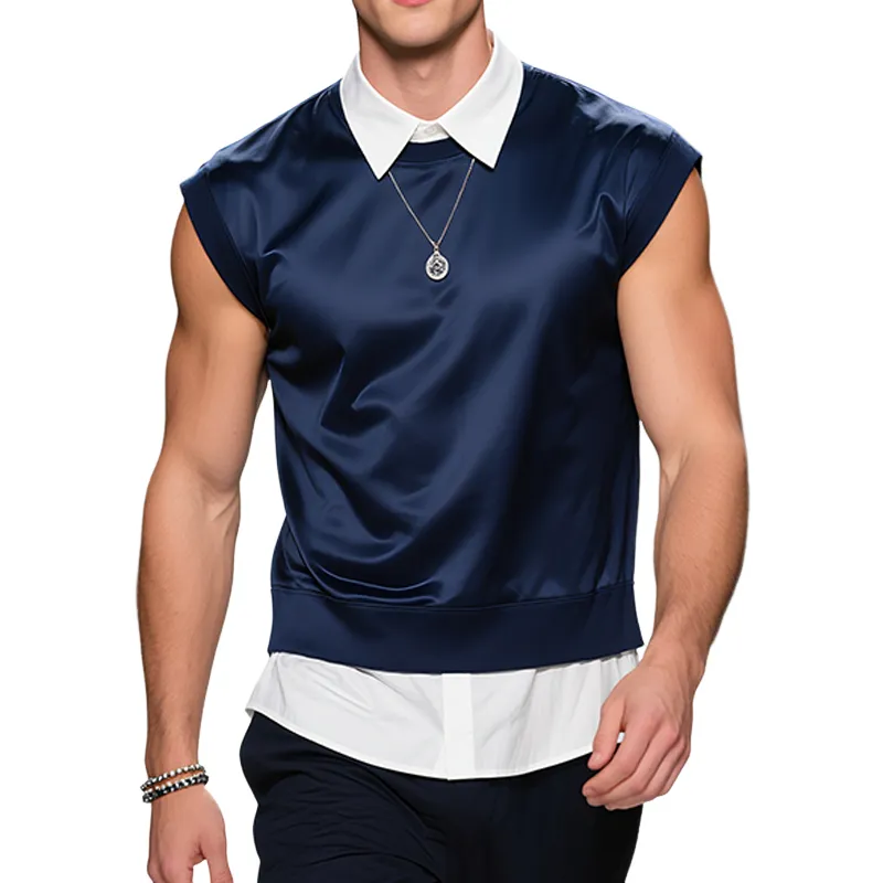 Men's Retro Casual Solid Color Fake Two Piece Sleeveless Shirt MTA2472F9TO sold by Manly