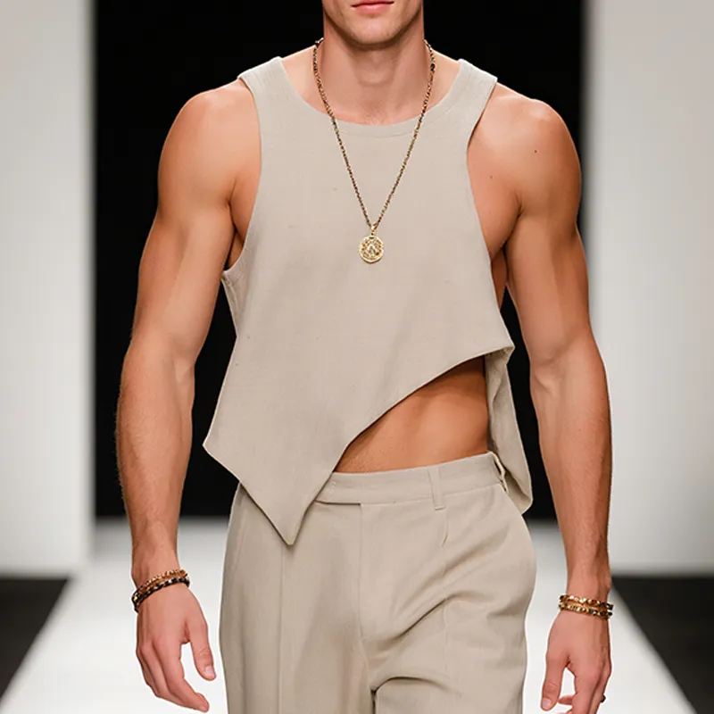 Men's Retro Old Money Style Linen Irregular Sleeveless Tank Top MTA2435F3TO sold by Manly product image thumbnail 2